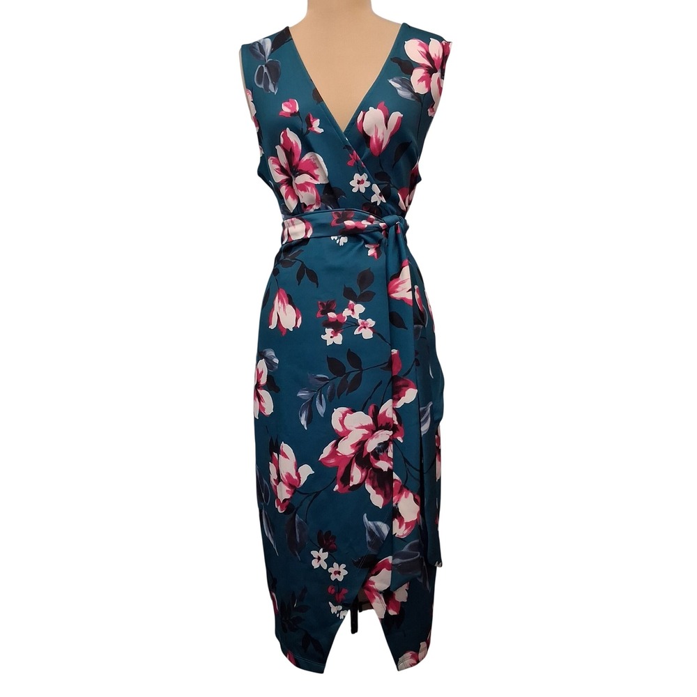 VENUS Teal Floral Wrap Midi Dress with Pink White Blooms